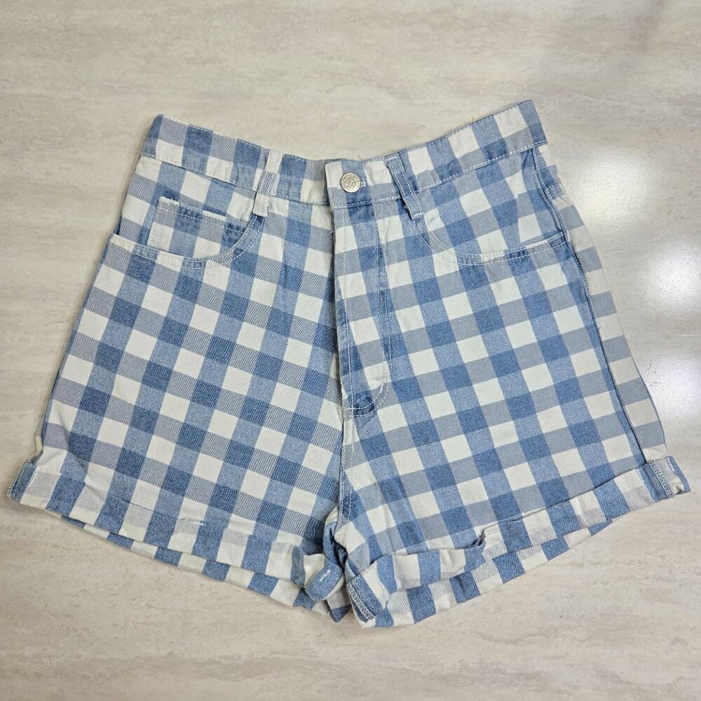 Vintage Niki-Lee Denim Shorts Womens 7 27 Blue White Check 90s Cottagecore Boho‎